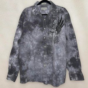 Y2K Grunge Button Up Shirt Eighty Eight Cross Graphic Wings Gray Size XL